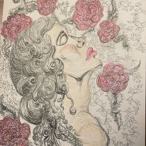 Unframed Original Fantasy Art Portrait of Grey Haired Beauty w Blooms Drawing - Picture 3 of 3